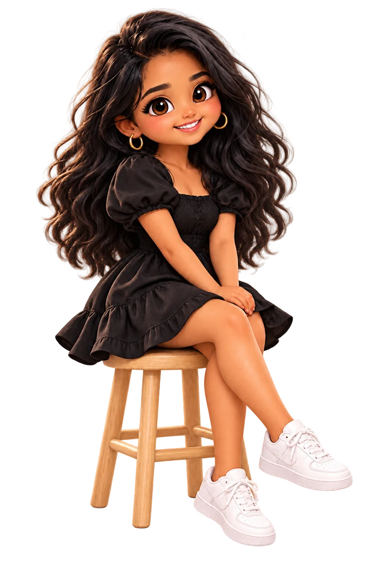 Illustrated Roshni seated on a stool