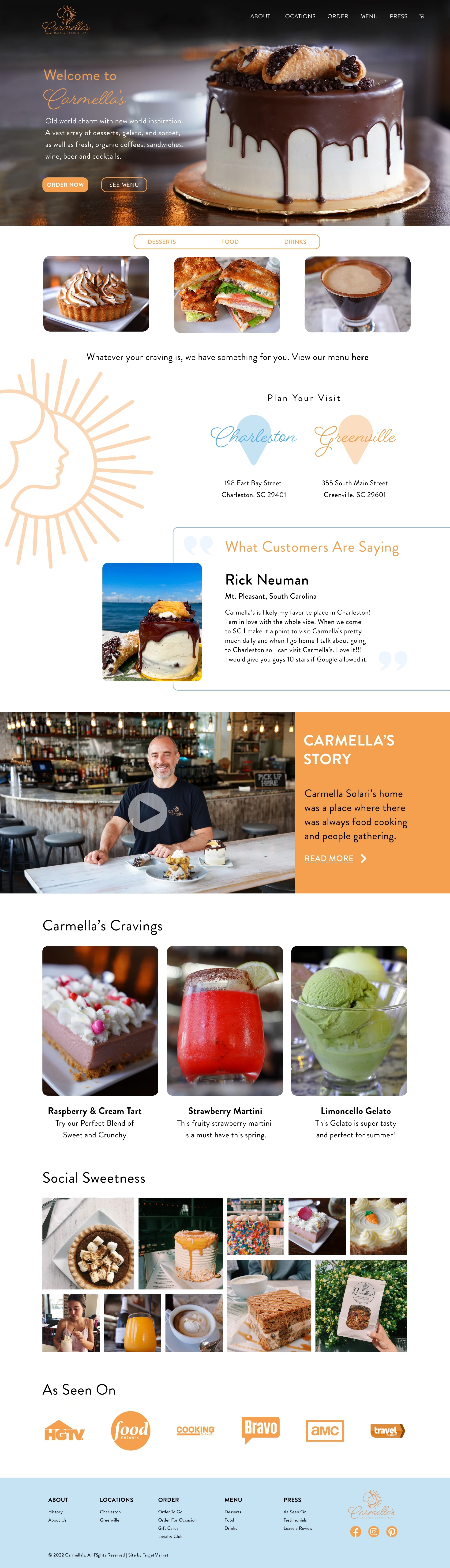 Carmella’s published 2022 homepage, with food photography and warm orange accents
